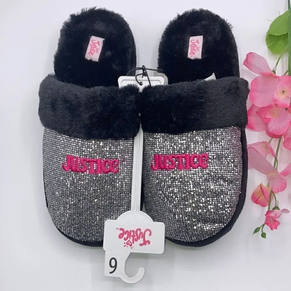 Justice Girls Graphic Slip On Sparkling Scuff Slippers Shoes Size 6